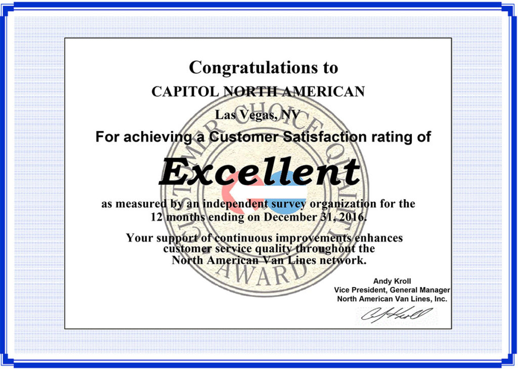 North American Van Lines - Customer Satisfaction rating of Excellent - December 2016